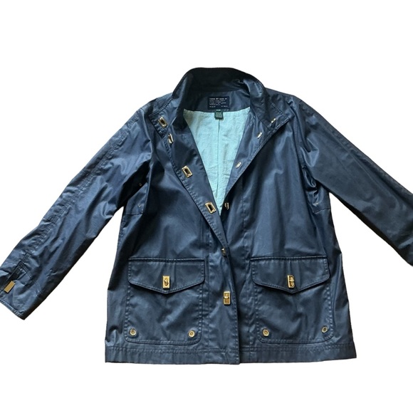 Vintage Ralph Lauren rain coat medium petite blue gold toggle front stand collar - Picture 1 of 13